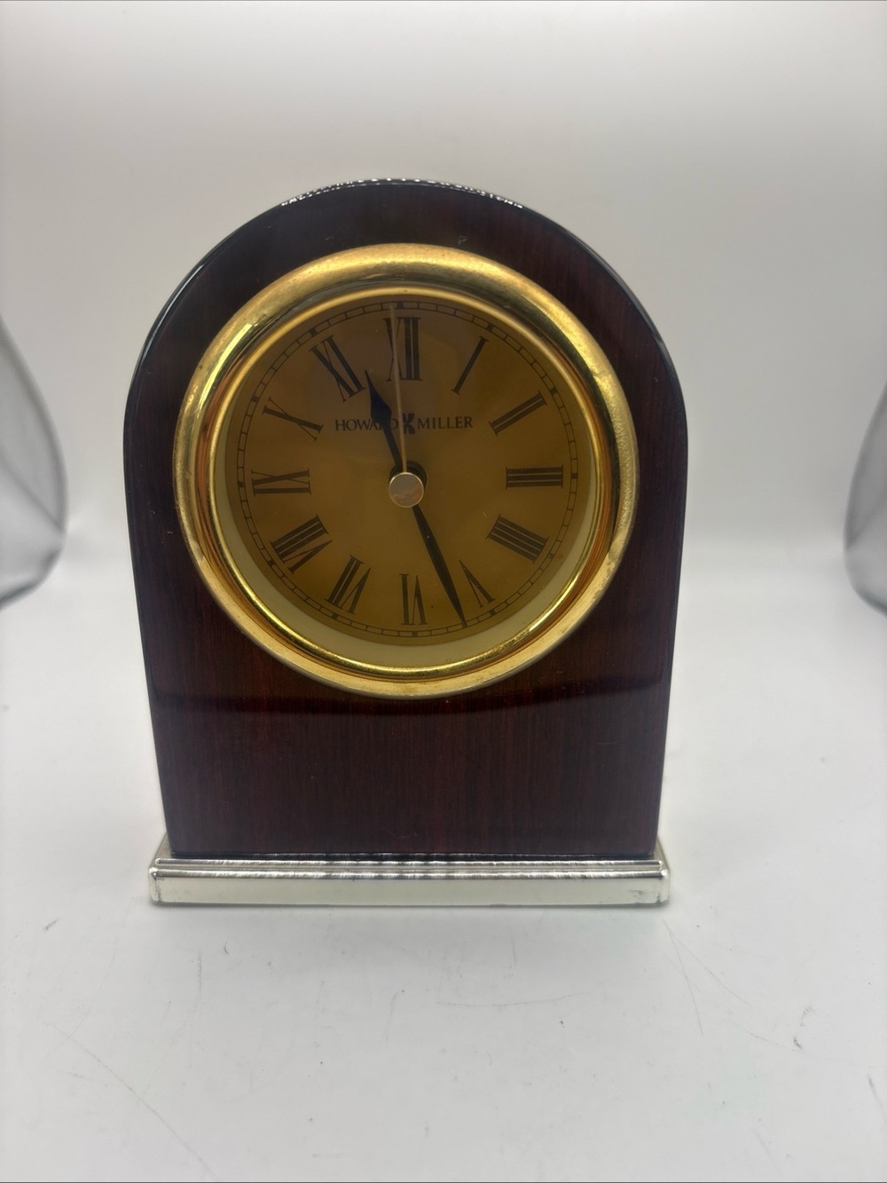Howard Miller Desk Alarm Clock 613-487 Brown Wood Brass Roman Numeral Quartz